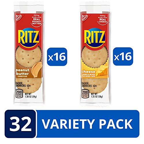 RITZ Peanut Butter Sandwich Crackers and Cheese Sandwich Crackers Variety Pack, School Lunch Box Snacks, 32 Snack Packs