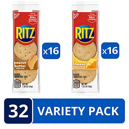 RITZ Peanut Butter Sandwich Crackers and Cheese Sandwich Crackers Variety Pack, School Lunch Box Snacks, 32 Snack Packs