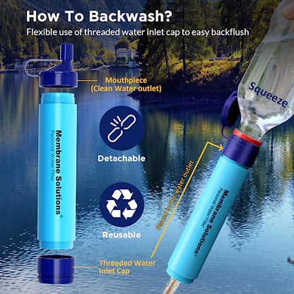 Membrane Solutions Portable Water Filter Straw Filtration Straw Purifier Survival Gear for Hiking, Camping, Travel, and Emergency, Blue, 4 pack