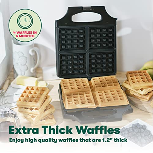 BELLA Classic Waffle Iron, 4 Square Belgian Waffle Maker, Non-stick Extra Large Plates for Easy Cleanup, Cool Touch Handles, Stainless Steel, Black, 1400W