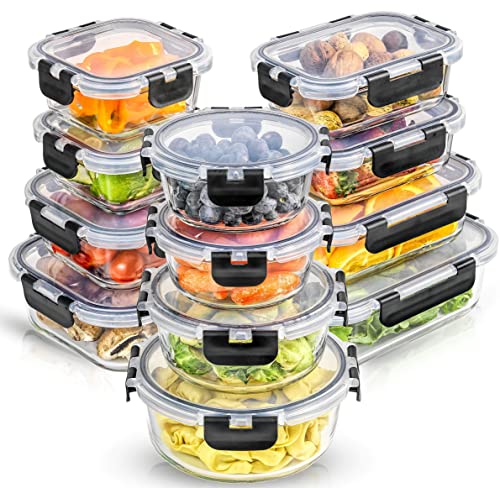 JoyJolt JoyFul 24pc Borosilicate Glass Storage Containers with Lids. 12 Airtight, Freezer Safe Food Storage Containers, Pantry Kitchen Storage Containers, Glass Meal Prep Container for Lunch