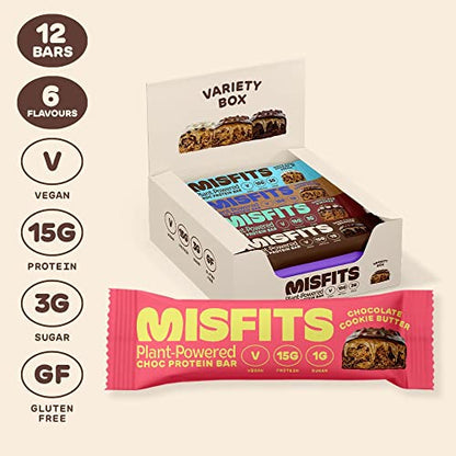 Misfits Vegan Protein Bar, Best Sellers Variety Pack, Plant Based Protein Bars, High Protein Snacks with 15g Per Bar, Low Sugar, Low Carb, Gluten Free, Dairy Free, High Fiber, Non GMO, 6 Flavor 12 Pack