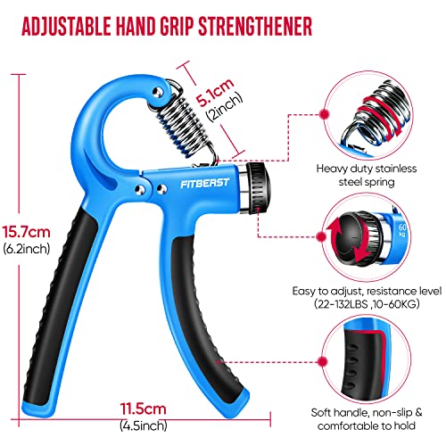 Hand Grip Strengthener Workout Kit (5 Pack) FitBeast Forearm Grip Adjustable Resistance Hand Gripper, Finger Exerciser, Finger Stretcher, Grip Ring & Stress Relief Grip Ball for Athletes (Light Blue)