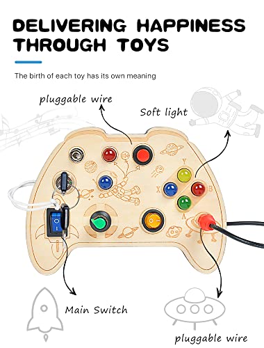 HOOLYUK Montessori Busy Board Toy for 1 2 3 Year Old Boy, Wooden Controller Sensory Toy for Autistic Children with LED Light Up Buttons, Early Learning Fidget Toy Great for Gift