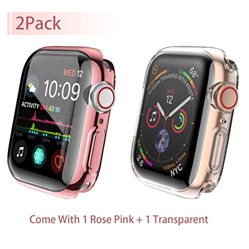 [2-Pack] Julk 40mm Case for Apple Watch Series 6 / SE/Series 5 / Series 4 Screen Protector, Overall Protective Case TPU HD Ultra-Thin Cover (1 Rose Pink+1 Transparent)