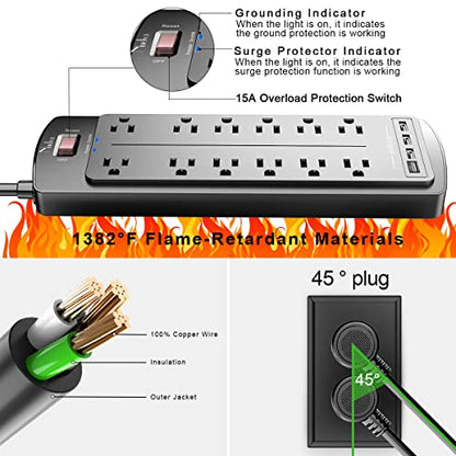 Power Strip, Nuetsa Surge Protector with 12 Outlets and 4 USB Ports, 6 Feet Flat Plug Extension Cord (1875W/15A) for for Home, Office, Dorm Essentials, 2700 Joules, ETL Listed (Black)