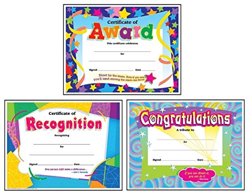 Colorful Award Certificates for Students and Professionals: Certificate of Award, Certificate of Recognition, Congratulations Certificate | Set of 3, Each Contains 30 Per Pack, 8.5 Inch x 11 Inch