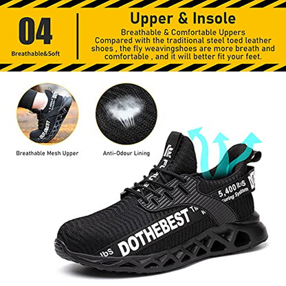 Steel Toe Shoes for Men Lightweight Indestructible Work Sneakers Women Puncture Proof Comfortable Slip On Safety Shoes Black Size M10/W11.5