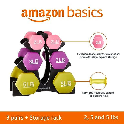 Amazon Basics Neoprene Coated Hexagon Workout Dumbbell Color Coded Hand Weight with Storage Rack, 20 Pounds (3 Pairs set of 2, 3, and 5 Pounds), Multicolor