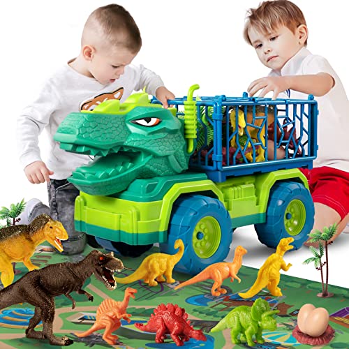 TEMI Dinosaur Truck Toys for Kids 3-5 Years, Tyrannosaurus Transport Car Carrier Truck with 8 Dino Figures, Activity Play Mat, Dinosaur Eggs, Capture Jurassic Dinosaur Play Set for Boys and Girls