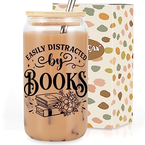 Coolife Book Themed 16oz Glass Cups w/Lids & Straws, Gifts for Book Lovers - Book Club Bookish Gifts, Librarian Gifts, Christmas, Bookworm Gifts for Readers, Teacher, Book Lovers Gift Ideas