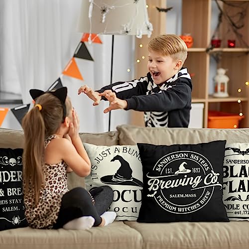 Halloween Decorations Pillow Covers 18x18 Set of 4 Halloween Decor Hocus Pocus Farmhouse Saying White Black Outdoor/Indoor Fall Pillow Covers Decorative Cushion Cases for Home Sofa Couch Bed Chair