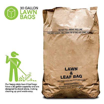 30 Gallon Kraft Lawn and Leaf Bags (10 Pack) Eco-Friendly Heavy Duty Large Paper Trash Bags, Made in the USA Tear Resistant Yard Waste Bags for Grass Clippings, Wet and Dry Leaves, Weeds, Twigs