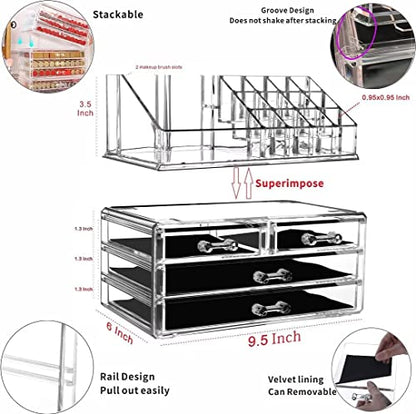 Cq acrylic Clear Makeup Organizer And Storage Stackable Skin Care Cosmetic Display Case With 4 Drawers Make up Stands For Jewelry Hair Accessories Beauty Skincare Product Organizing,Set of 2