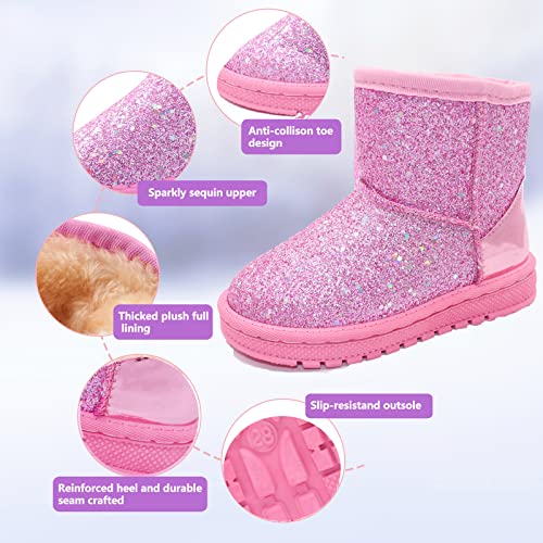 Elcssuy Girls Glitter Snow Boots Toddler/Little Girls Warm Winter Sequin Comfortable Sparkle Princess Ankle Boots Pink size 2