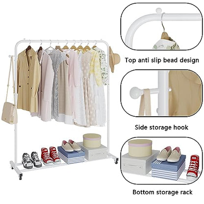 Boeeoan Garment Rack, Freestanding Simple Single Pole Clothes Rack With Wheels, Coat Rack, Multi-functional Rolling Clothing Storage Rack With 2 Hooks for Bedroom, Laundry Room, Living-room, White