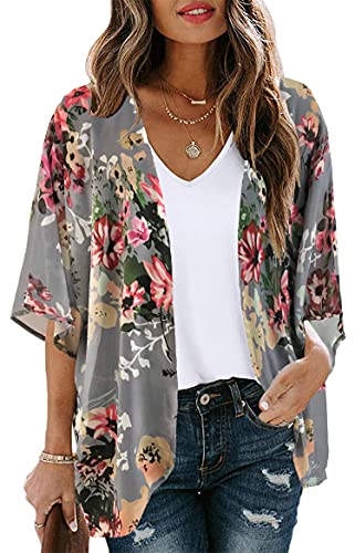 Women's Floral Print Puff Sleeve Kimono Cardigan Loose Cover Up Casual Blouse Tops(Dark Grey,L)