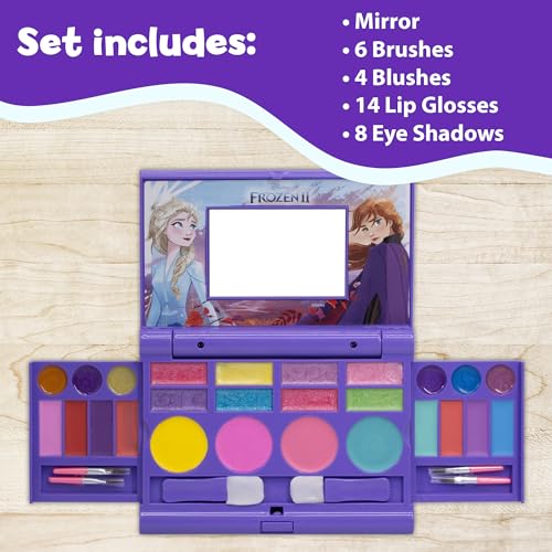 Disney Frozen Elsa Anna Cosmetic Compact Set with Mirror 22 lip glosses, 4 Body Shines, 6 Brushes Colorful Portable Foldable Washable Makeup Beauty Kit Box Set for Girls Kids Toddler