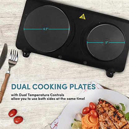 Elite Gourmet EDB-302BF Countertop Double Cast Iron Burner, 1500 Watts Electric Hot Plate, Temperature Controls, Power Indicator Lights, Easy to Clean, Black