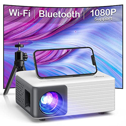 Mini Projector with WiFi and Bluetooth, 1080P Supported iPhone Projector with Projector Stand, Portable Movie Projector for Home Theater/Outdoor, Compatible with iOS/Android/Laptop/TV Stick/HDMI/PS5