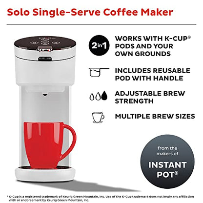 Instant Pot Solo Single Serve Coffee Maker,From the Makers of Instant Pot,K-Cup Pod Compatible Coffee Brewer,Includes Reusable Coffee Pod&Bold Setting,Brew 8 to 12oz.,40oz. Water Reservoir,White