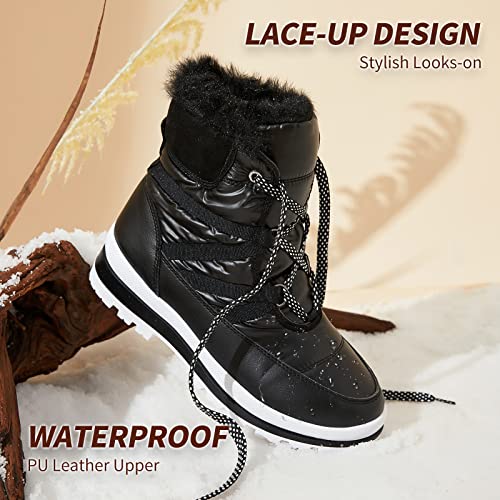 BABUDOG Womens Warm Fur Lined Mid-Calf Boots Waterproof Winter Snow Boots Non-slip Lace up Combat Boots(Black.US10)