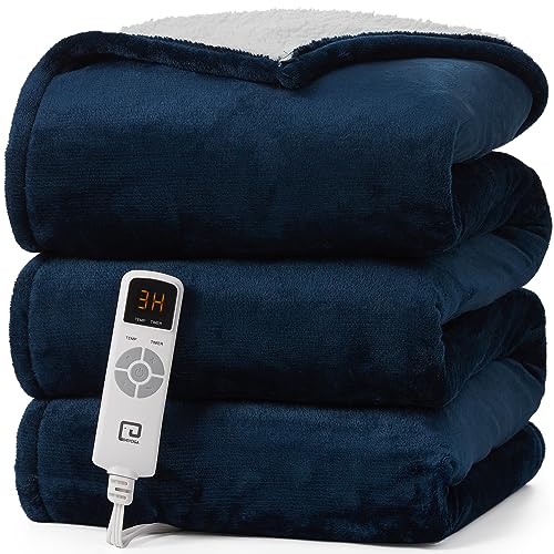 EHEYCIGA Heated Blanket Electric Blanket Throw - Heating Blanket with 5 Heating Levels & 4 Hours Auto Off, Soft Cozy Sherpa Washable Blanket with Fast Heating, 50 x 60 Inches, Navy Blue