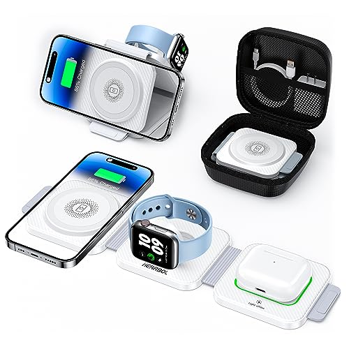 𝐇𝐄𝐑𝐑𝐁𝐎𝐋 3 in 1 Wireless Charger, Dual Magnetic Wireless Charger for iPhone 14/13/12 Series and Apple Watch, Pocket Travel Charger for iPhone Watch and Airpods 3/2/Pro (with Storage Case)