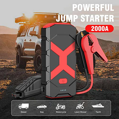 2000A 12V Auto Jump Starter 20000mAh Car Starter Jumper Power Bank Battery Booster Jump Starter Pack QC 3.0 Smart Jumper Cable for Truck up to 8.0L Gas/6.5L Diesel