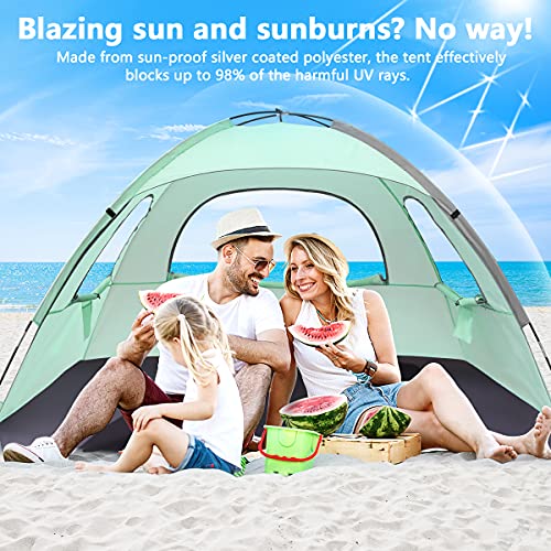 NXONE Beach Tent Sun Shade Shelter for 2-3 Person with UV Protection, Extended Floor, 3 Mesh Roll Up Windows & 8.0mm Fiberglass Rods丨Carry Bag, Stakes, Guy Lines Included (Mint Green)