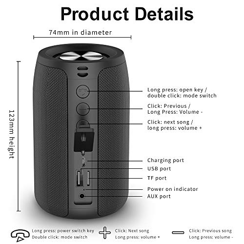 ZEALOT Portable Bluetooth Speakers, Waterproof Speaker IPX5, Outdoor Wireless Speaker S32 Playtime Stereo Pairing MIC/TF Card/USB/AUX for iOS Andriod Black