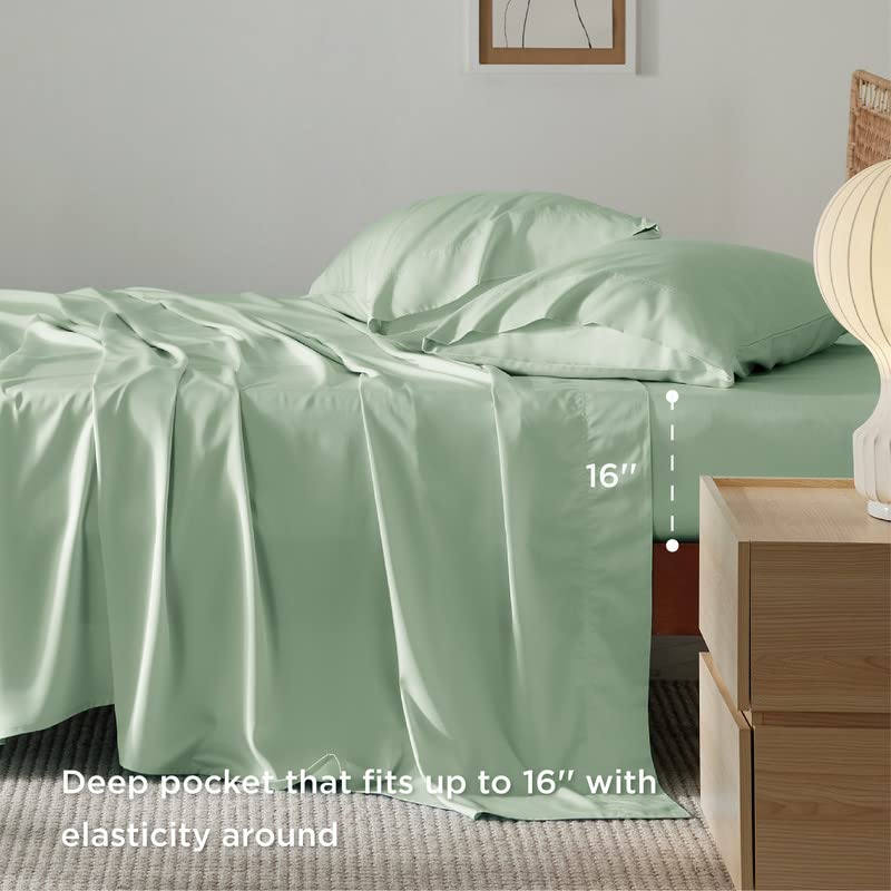 Bedsure Queen Sheets, Rayon Derived from Bamboo, Queen Cooling Sheet Set, Deep Pocket Up to 16", Breathable & Soft Bed Sheets, Hotel Luxury Silky Bedding Sheets & Pillowcases, Sage Green