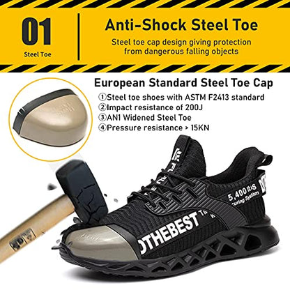 Steel Toe Shoes for Men Lightweight Indestructible Work Sneakers Women Puncture Proof Comfortable Slip On Safety Shoes Black Size M10/W11.5