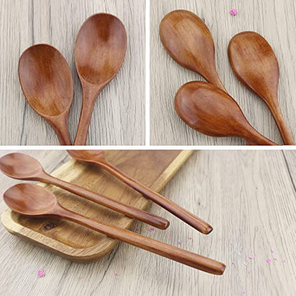 Wooden Spoons, 6 Pieces 9 Inch Wood Soup Spoons for Eating Mixing Stirring, Long Handle Spoon with Japanese Style Kitchen Utensil, ADLORYEA Eco Friendly Table Spoon