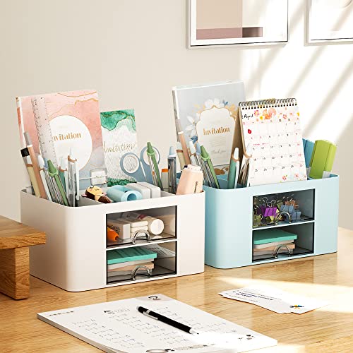 Marbrasse Pen Organizer with 2 Drawer, Multi-Functional Pencil Holder for Desk, Desk Organizers and Accessories with 5 Compartments + Drawer for Office Art Supplies (White)