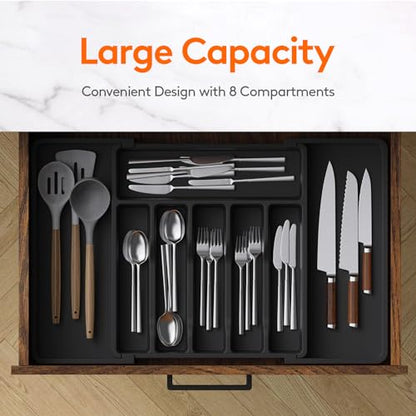 Lifewit Silverware Drawer Organizer, Expandable Utensil Tray for Kitchen, Adjustable Flatware and Cutlery Holder, Compact Plastic Storage for Spoons Forks Knives, Large, Black