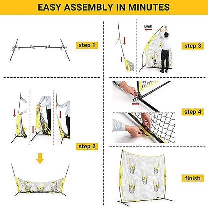 PodiuMax Portable Football Trainer Throwing Net, 8ft x 8ft Knotless Net for Improving QB Throwing Accuracy with 5 Target Pockets, with Carry Bag (Yellow)