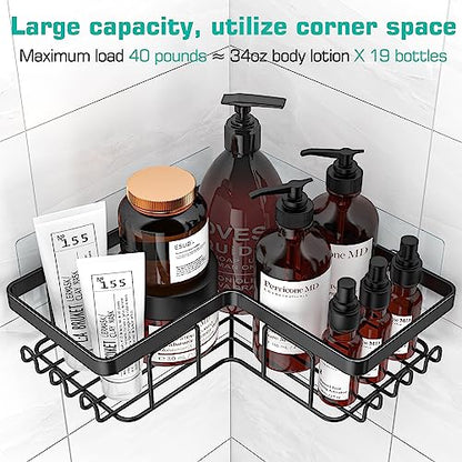 YASONIC Corner Shower Caddy, 3-Pack Adhesive Shower Caddy with Soap Holder and 12 Hooks, Rustproof Stainless Steel Bathroom Shower Organizer, No Drilling Wall Mounted Shower Rack, for Bathroom, Black