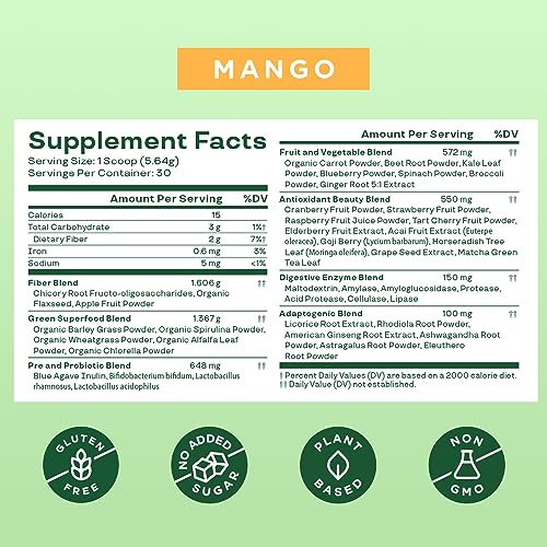 Bloom Nutrition Super Greens Powder Smoothie & Juice Mix - Probiotics for Digestive Health & Bloating Relief for Women, Digestive Enzymes with Superfoods Spirulina & Chlorella for Gut Health (Mango)