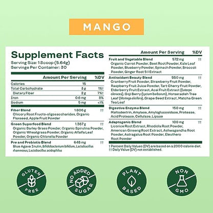 Bloom Nutrition Super Greens Powder Smoothie & Juice Mix - Probiotics for Digestive Health & Bloating Relief for Women, Digestive Enzymes with Superfoods Spirulina & Chlorella for Gut Health (Mango)