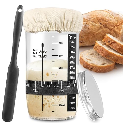 Zunmial Sourdough Starter Jar, Sourdough Starter Kit with With Date Marked Feeding Band, Thermometer, Cloth Cover & Metal Lid, Reusable Sourdough Bread Baking Supplies, Home Baking Supplies