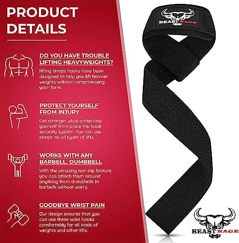 BEAST RAGE Straps for Weightlifting, 24” Heavy Duty Wrist Wraps Weight Lifting Straps Men Women and 4MM Enhance Padded Support Lifters Upto 260lbs. Load Pulling Exercises Workout Aids Cotton Grips