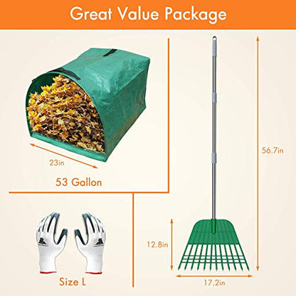 Gardzen 12 Tines Gardening Leaf Rake, Lightweight Steel Handle, Detachable, Ideal Camp Rake, Comes with Dustpan-Type Garden Bag