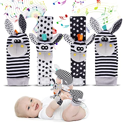 Avos-Deals-Global Baby Rattle Socks Wrist Strap Rattles Set, Cute Baby Animal Development Toy Gift for Newborn Babies, Black and White Foot Finder Sensory Set…