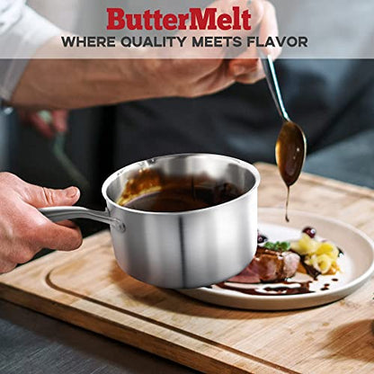 Buttermelt 2.5 Quart Stainless Steel Saucepan with Steamer Basket, Tri-ply Full Body, Multipurpose Sauce Pot with Two-Size Drainage Holes Lid, Perfect For Boiling Gravies, Pasta, Noodles