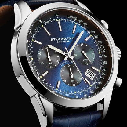 Stuhrling Mens Rialto Chronograph Watch Blue Dial with Date Tachymeter 24 Hour Subdial Leather Strap