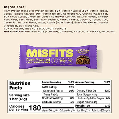 Misfits Vegan Protein Bar, Best Sellers Variety Pack, Plant Based Protein Bars, High Protein Snacks with 15g Per Bar, Low Sugar, Low Carb, Gluten Free, Dairy Free, High Fiber, Non GMO, 6 Flavor 12 Pack