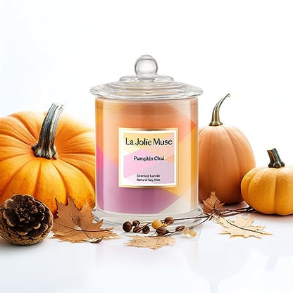 LA JOLIE MUSE Pumpkin Candles, Fall Candle, Pumpkin Chai Scented Candles, Luxury Candle Gifts, Natural Soy Wax, 75 Hours Long Burning Time, Autumn Candle Gift