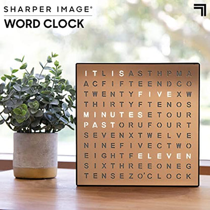 SHARPER IMAGE® LED Light-Up Word Clock, 7.75" Modern Design, Electronic Accent Wall or Desk Clock, USB Cord & Power Adapter, Unique Contemporary Home & Office Decor, Easy Setup, Housewarming Gift