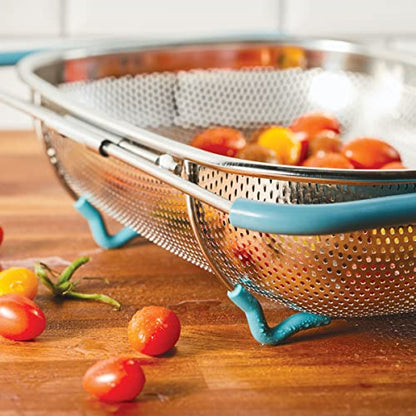 Rachael Ray Tools and Gadgets Over-The-Sink Colander/Strainer, 4.5 Quart, Stainless Steel with Agave Blue Handles